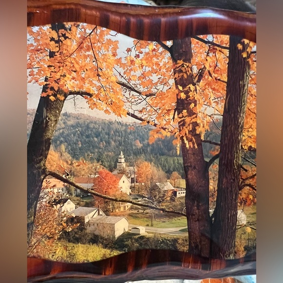 Vintage 60s Decoupage Country Church Solid Wood Fall Scenery Farmhouse Plaque - Picture 2 of 10